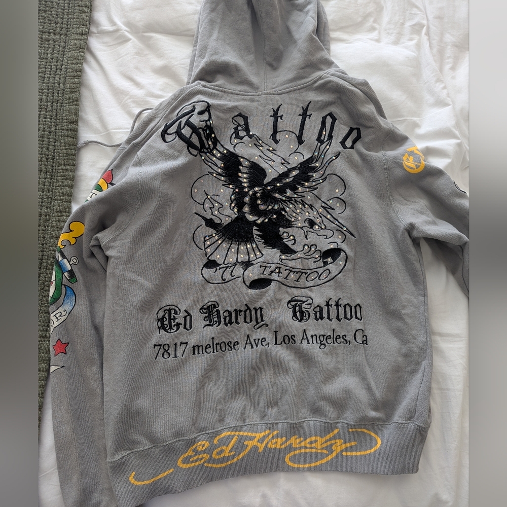 Vintage Ed Hardy Grey Zip Up Tattoo Jeweled Detailed Stitching Hoody, XXL